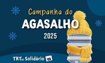 Arte mostra prédio do TRT envolto em um gorro amarelo, com o texto: campanha do agasalho 2025