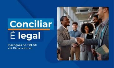 Arte azul com texto “Conciliar é legal”. À direita, pessoas sorrindo e apertando as mãos.