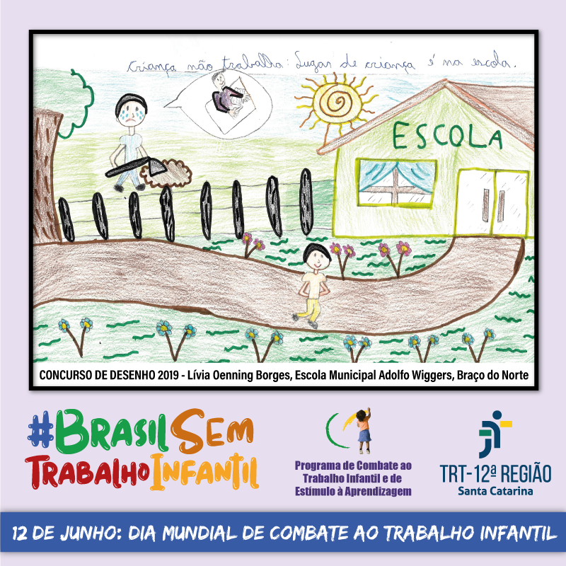 Desenho da aluna Lívia de Braço do Norte, que à esquerda mostra um criança tristes por estar trabalhando e à direita uma criança felizes caminhando em direção à escola.