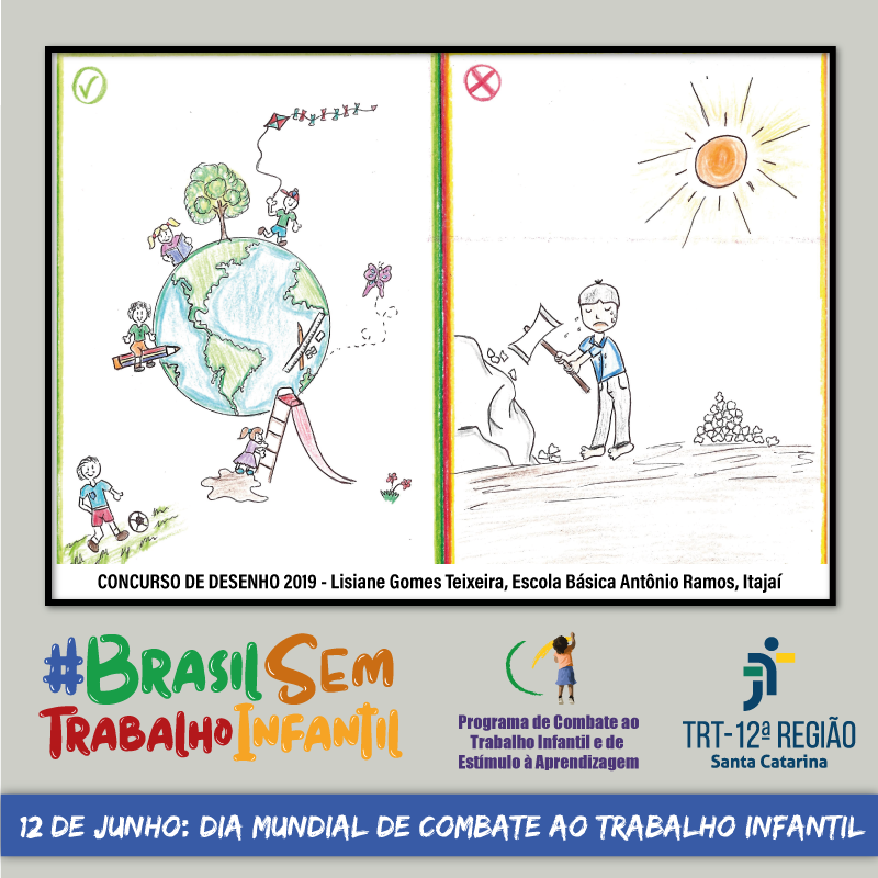 Desenho da aluna Lisiane, de Itajai, que à esquerda mostra crianças brincando e à direita  crianças tristes por estarem trabalhando