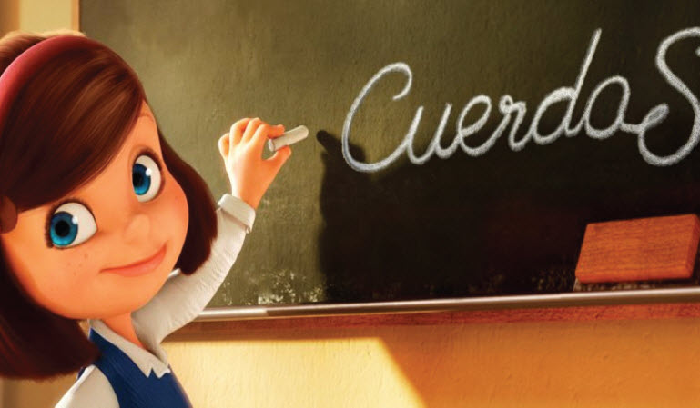 Para todos verem: Texto: "Cuerdas”. Ilustração: Banner em que há a figura de uma menina com um giz na mão escrevendo em um quadro de escola.
