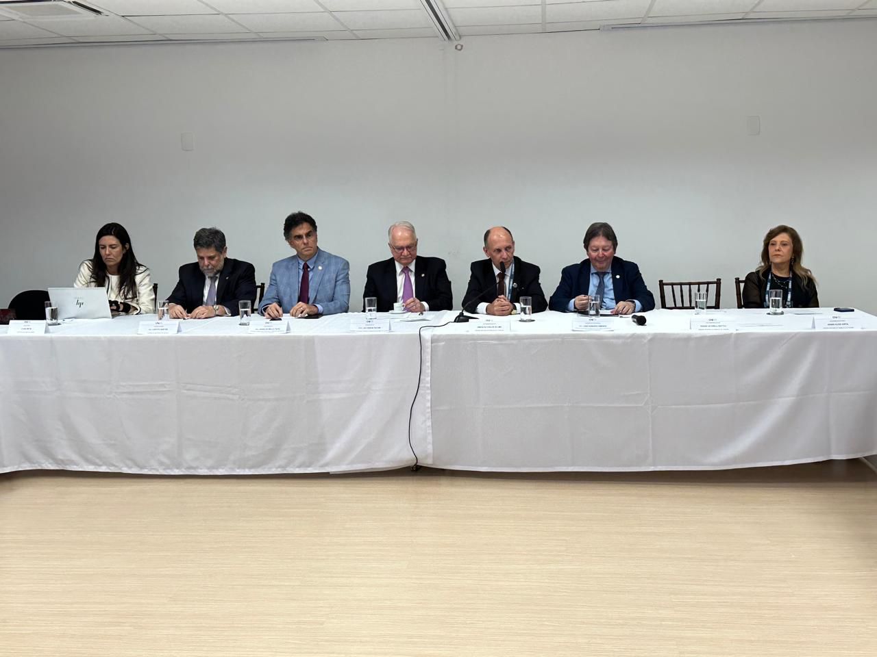 Cinco homens e duas mulheres sentadas à mesa de um evento. Sobre a mesa, toalha branca e copos com água.