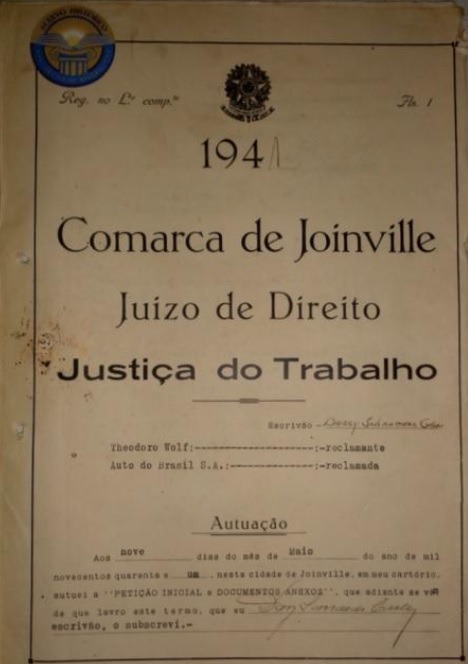 Capa antiga e processo. Comarca de jurisdição de Joinville, 1941