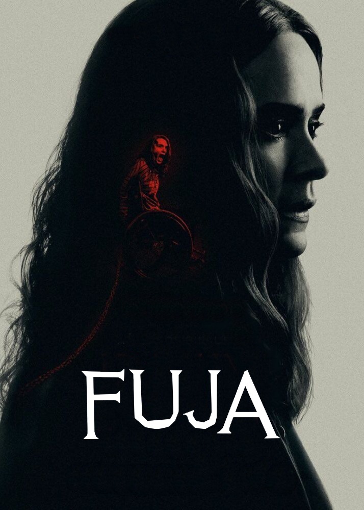 Para todos verem: Texto: "Fuja". Ilustração: Banner com uma mulher em preto e branco. No cabelo da mulher há uma mulher em vermelho gritando e em uma cadeira de rodas com correntes.