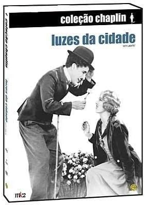 Para todos verem: Texto: "Coleção Chaplin. Luzes da Cidade. Mk2. Warner Bros". Ilustração: Banner em que há um homem com um chapéu e uma bengala segurando uma flor e olhando para uma mulher sentada. Ao lado da mulher há uma cesta de flores.