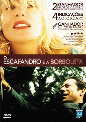 Para todos verem: Texto: "2 Ganhador Globos de Ouro Melhor Filme Estrangeiro e Diretor. 4 Indicações ao Oscar. Ganhador Festival de Cannes Melhor Diretor Julian Schnabel. O Escafandro e a Borboleta. DVD Video. Europa Filmes. Ilustração: Banner em que na parte superior há uma mulher e na parte inferior há um homem.