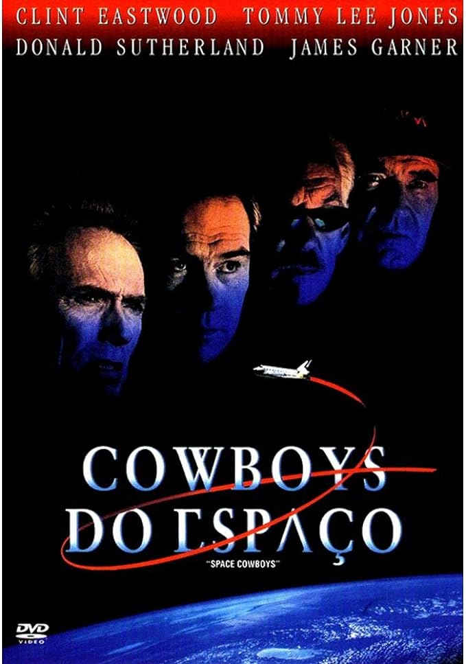 Para todos verem: Banner do filme em que há quatro cabeças de homens. Ao redor há o espaço sideral. Na parte inferior há um foguete e o Planeta Terra. Lê-se: "Clint Eastwood. Tommy Lee Jones. Donald Sutherland. James Garner. Cowboys do Espaço. Space Cowboys. DVD Vídeo."