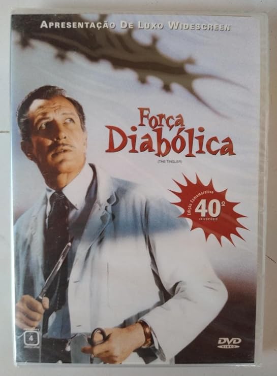 Para todos verem: Texto: "Apresentação de Luxo Widescreen. Força Diabólica (The Tingler). Edição Comemorativa 40º Aniversário. DVD Vídeo." Ilustração: Banner em que há um homem de jaleco branco, segurando um bisturi e um estetoscópio, olhando para cima. Ao fundo há uma sombra.