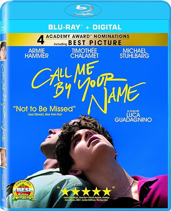 Para todos verem: Banner do filme com dois homens olhando para cima e cinco estrelas amarelas na parte inferior. No banner se lê: "Blu-ray + Digital. 4 Academy Award Nominations. Including Best Picture. Armie Hammer. Timothée Chalamet. Michael Stuhlbarg. Call me by your name. "Not to Be Missed' - Sara Stewart , New York Post. A film by Luca Guadagnino. Certified Fresh Rotten Tomatoes.com. Joshua Rothkopt, Time Out. Patrick Gamble, CineVue. Sams Adams, BBC. Jordan Hoffman, The Guardian.