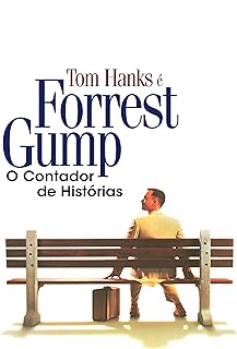 Para todos verem: Banner com um homem sentado num banco. O homem está usando um terno e uma calçca bege e ao lado, no chão, há uma maleta. Na parte superior lê-se "Tom Hanks é Forrest Gump O Contador de Histórias".