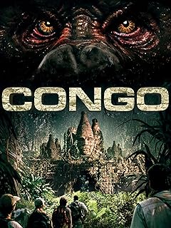 Para todos verem: Texto: "Congo". Ilustração: Banner em que na parte superior há os olhos de um gorila e na parte inferior há pessoas chegando numa escultura no meio da floresta.