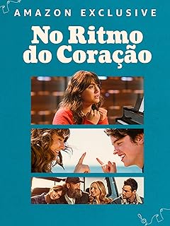 Para todos verem: Texto: "Amazon Exclusive. No Ritmo do Coração". Ilustração: Banner azul com três retângulos. No primeiro retângulo há uma mulher e um piano. No segundo retângulo há uma mulher e um homem sorrindo e o mar ao fundo. No terceiro retângulo há duas mulheres e dois homens.