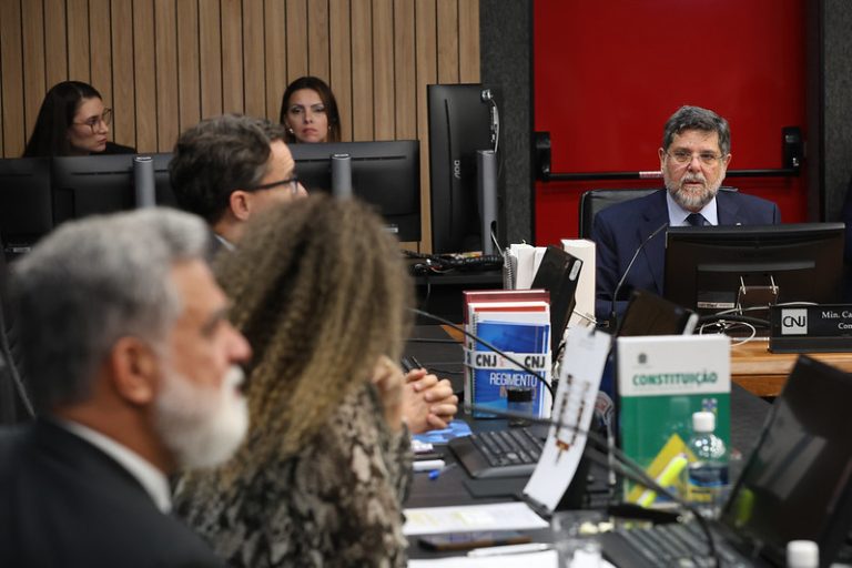 Ambiente com pessoas vestidas formalmente e computadores, as três pessoas em primeiro plano estão desfocadas e o homem em destaque (no canto superior direito) olha para elas. Além dos computadores estão sobre a mesa objetos com a sigla CNJ e a Constituição