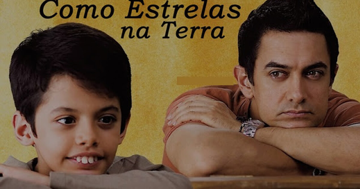 Para todos verem: Texto: "Como Estrelas na Terra”. Ilustração: Banner com fundo amarelo em que há um menino e um homem.