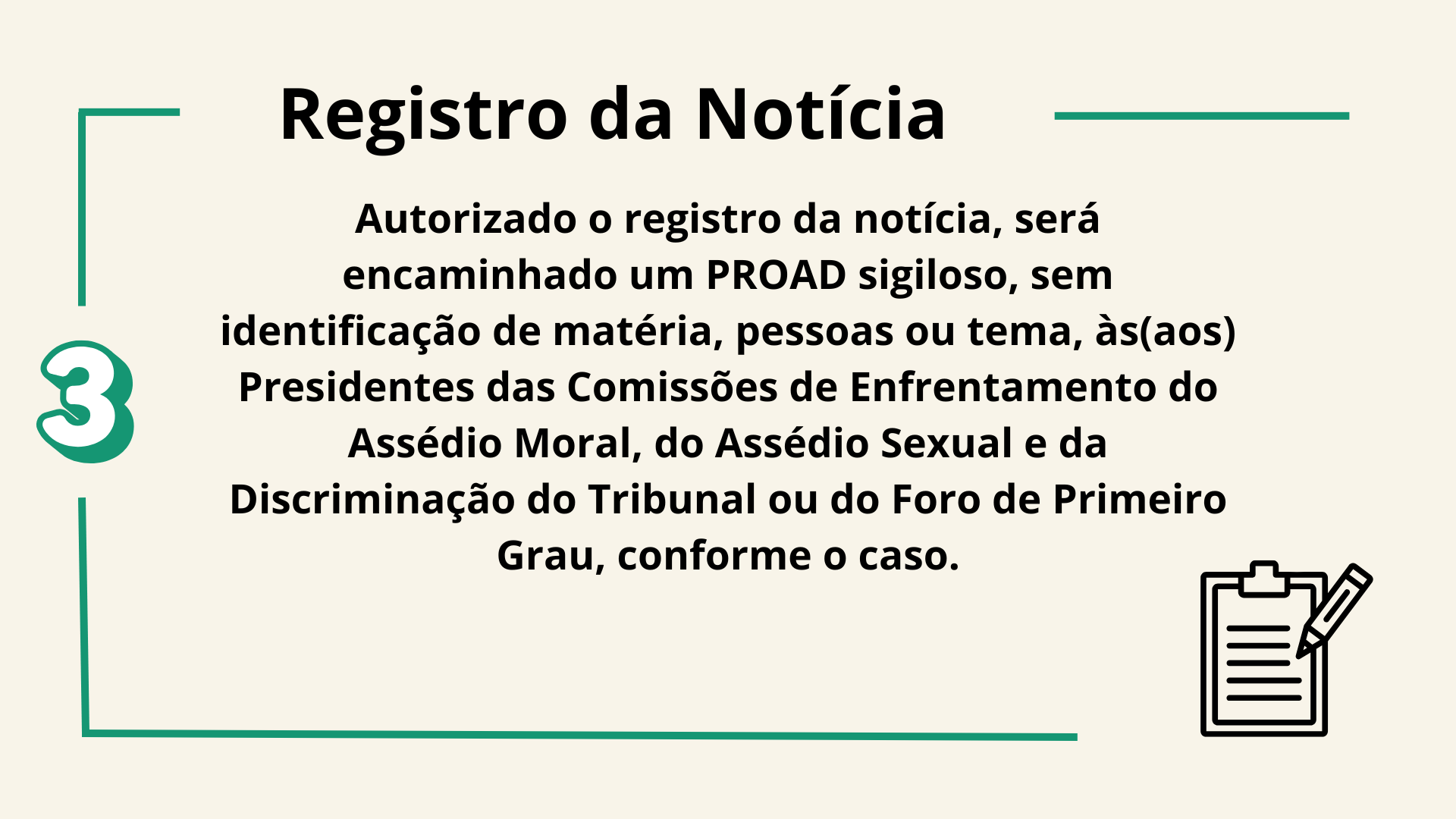 A imagem exibe uma seção de um documento com o título “Registro da Notícia”. Abaixo do título, um texto que discute o procedimento para registrar notícias ou relatos. Menciona que, uma vez autorizado, um Proad sigiloso será enviado sem identificação de tema ou pessoa à presidência da Comissão de Enfrentamento do Assédio Moral, Sexual e da Discriminação do Tribunal ou do 1º Grau.