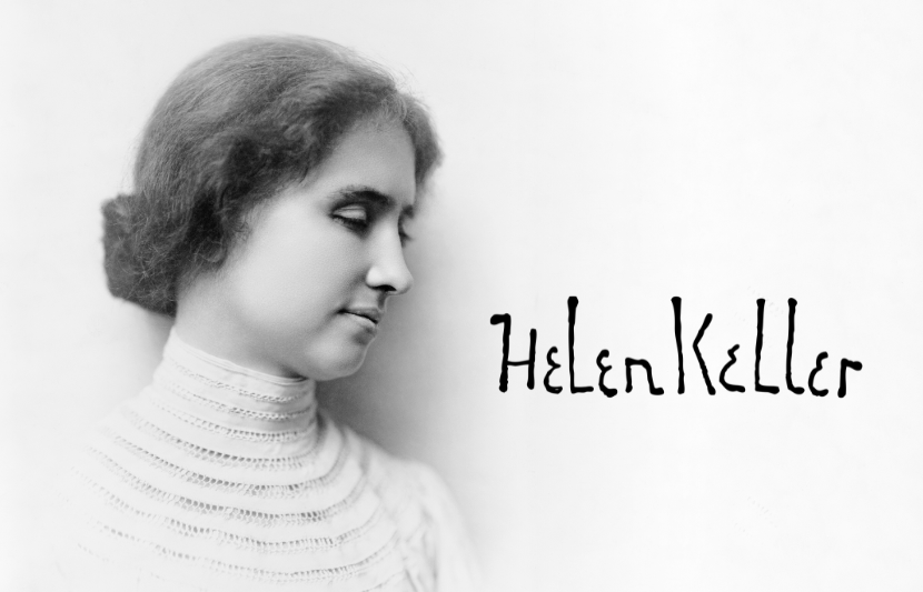 Para todos verem: Texto: "Helen Keller". Ilustração: Banner preto e branco em que há uma mulher com o cabelo preso.