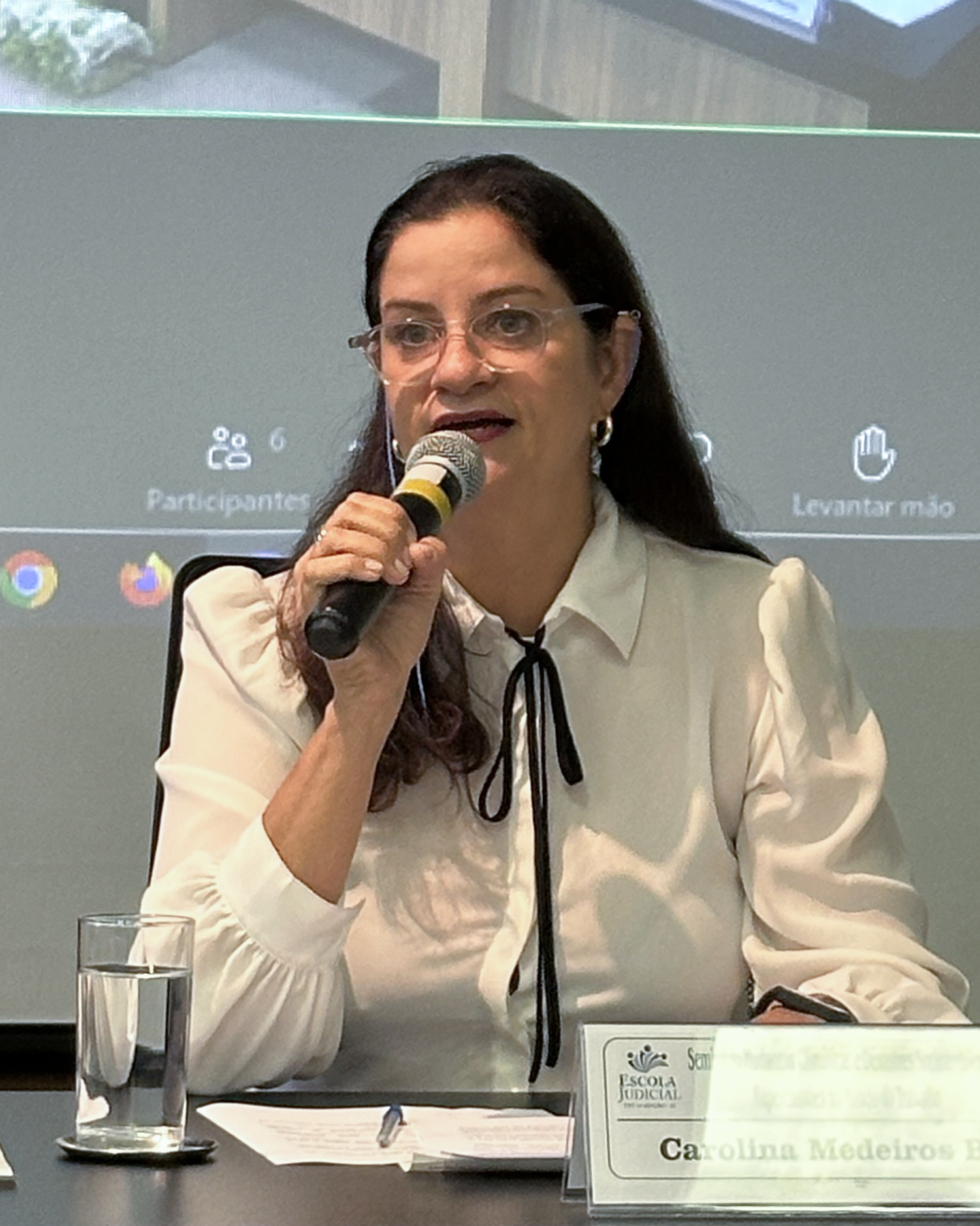 Mulher de óculos, branca, de cabelos lisos negros fala ao microfone