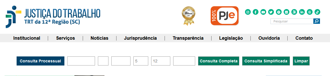 Imagem da tela do portal do TRT mostra barra de pesquisa processual no topo do site