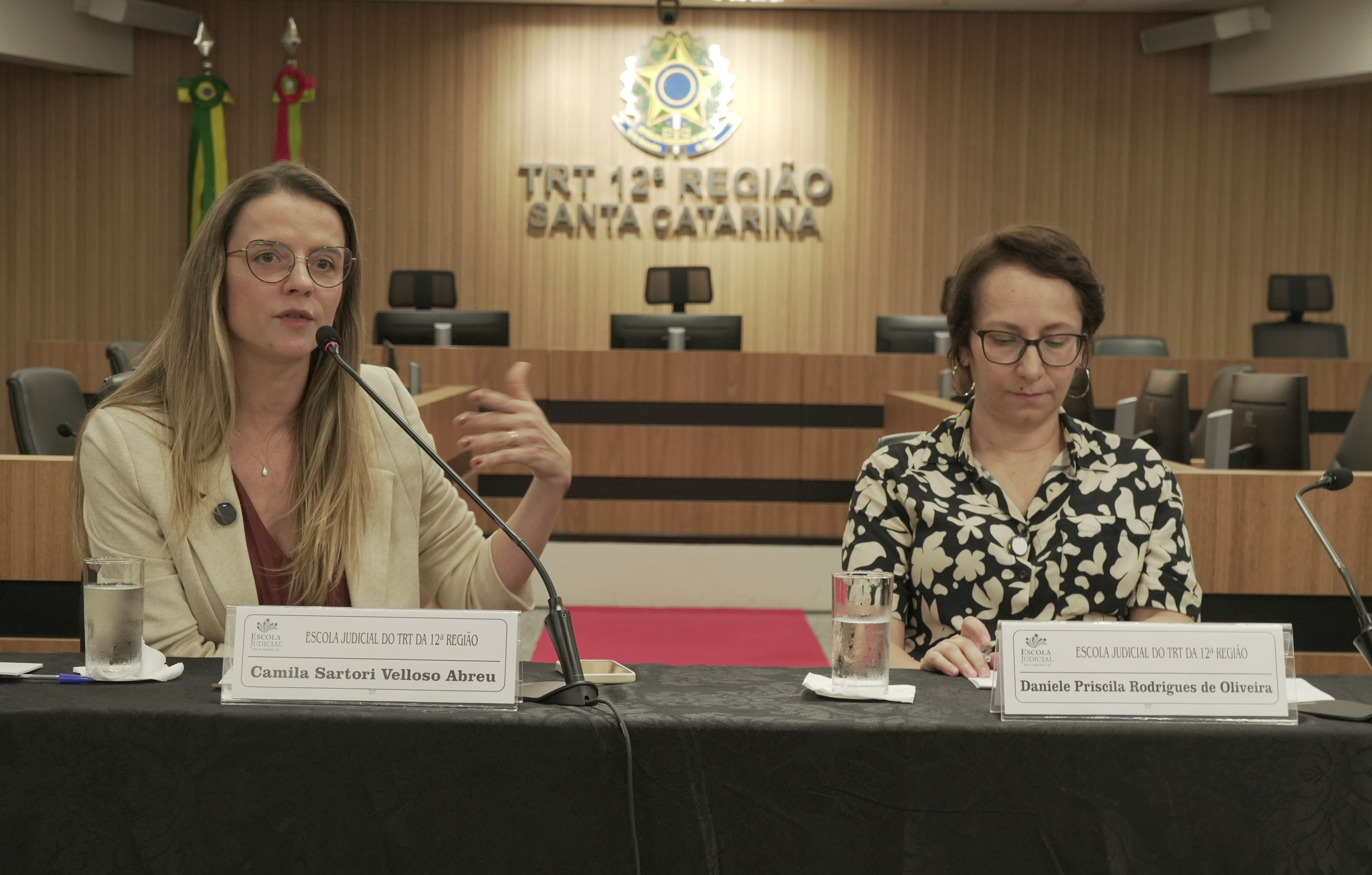 Uma mulher loira e outra morena, na faixa dos 45 anos, sentadas à mesa. A loira fala ao microfone