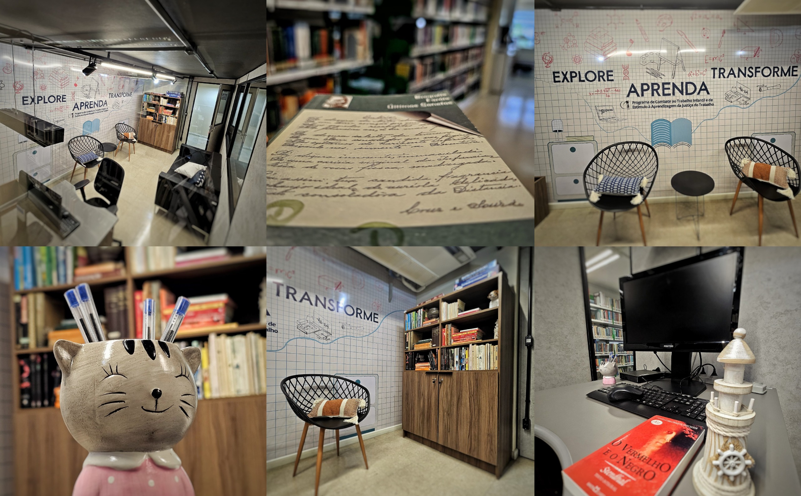 Mosaico de fotos de uma biblioteca 