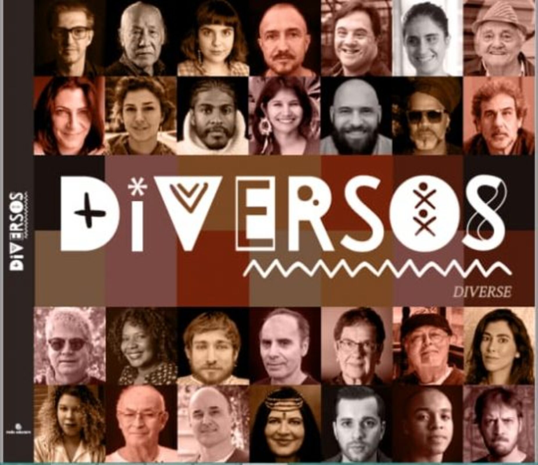 Para todos verem: Texto: “Diversos. Diverse. Ilustração: Capa do livro em que há várias fotos de rostos de pessoas.