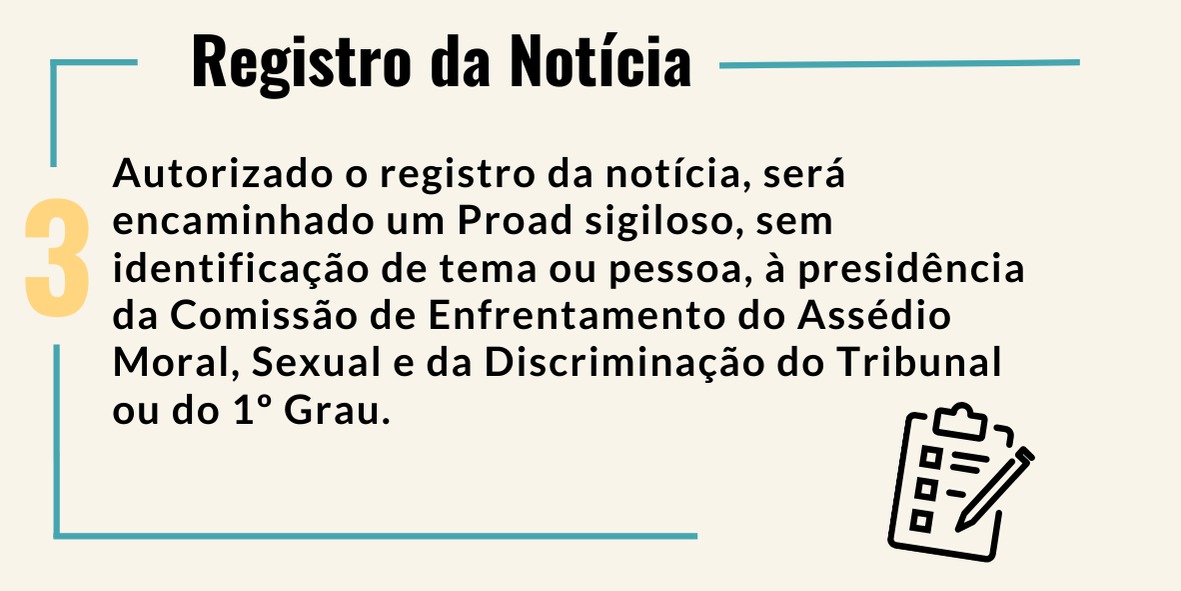 A imagem exibe uma seção de um documento com o título “Registro da Notícia” Abaixo do título, um texto que discute o procedimento para registrar notícias ou relatos. Menciona que, uma vez autorizado, um Proad sigiloso será enviado sem identificação de tema ou pessoa à presidência da Comissão de Enfrentamento do Assédio Moral, Sexual e da Discriminação do Tribunal ou do 1º Grau.