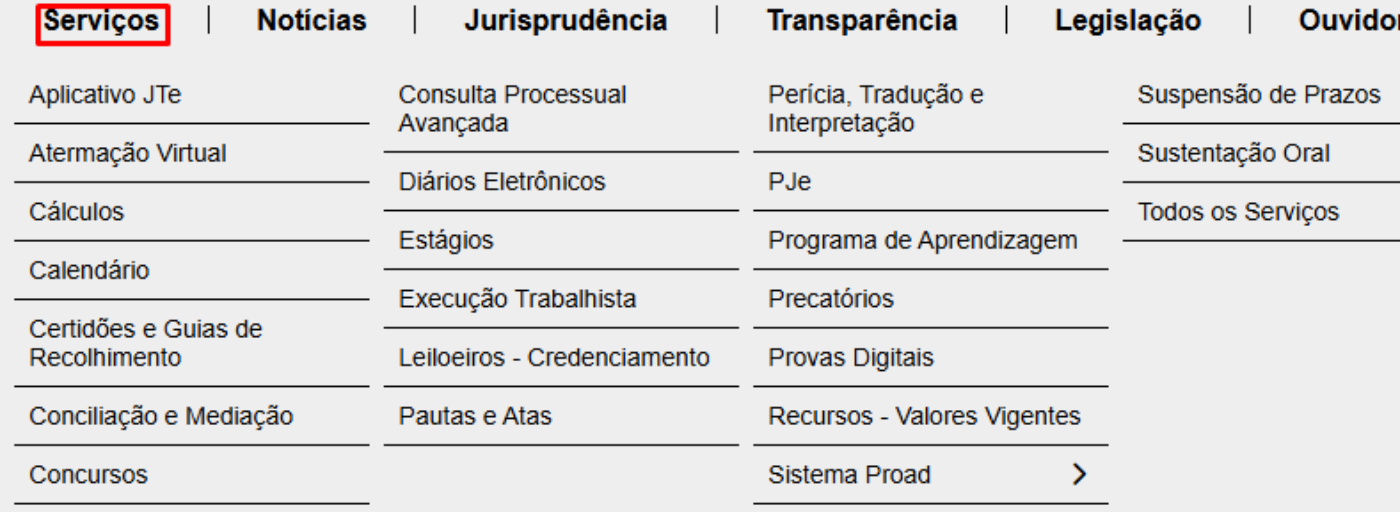 Print de tela do menu Serviços