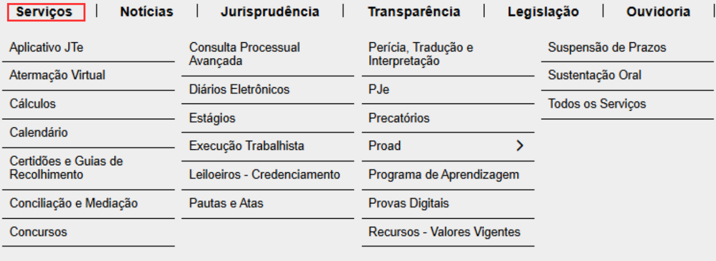 Print de tela do menu Serviços