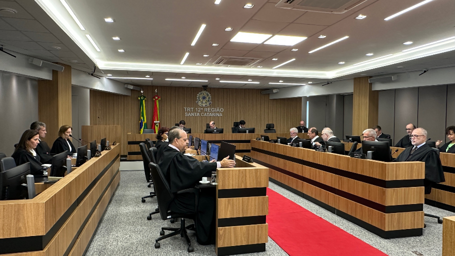 Foto da sessão do Pleno em que houve as decisões. Homens e mulheres vestindo toga estão de frente para seus computadores em ambiente fechado com detalhes amadeirados e tapete vermelho no centro.