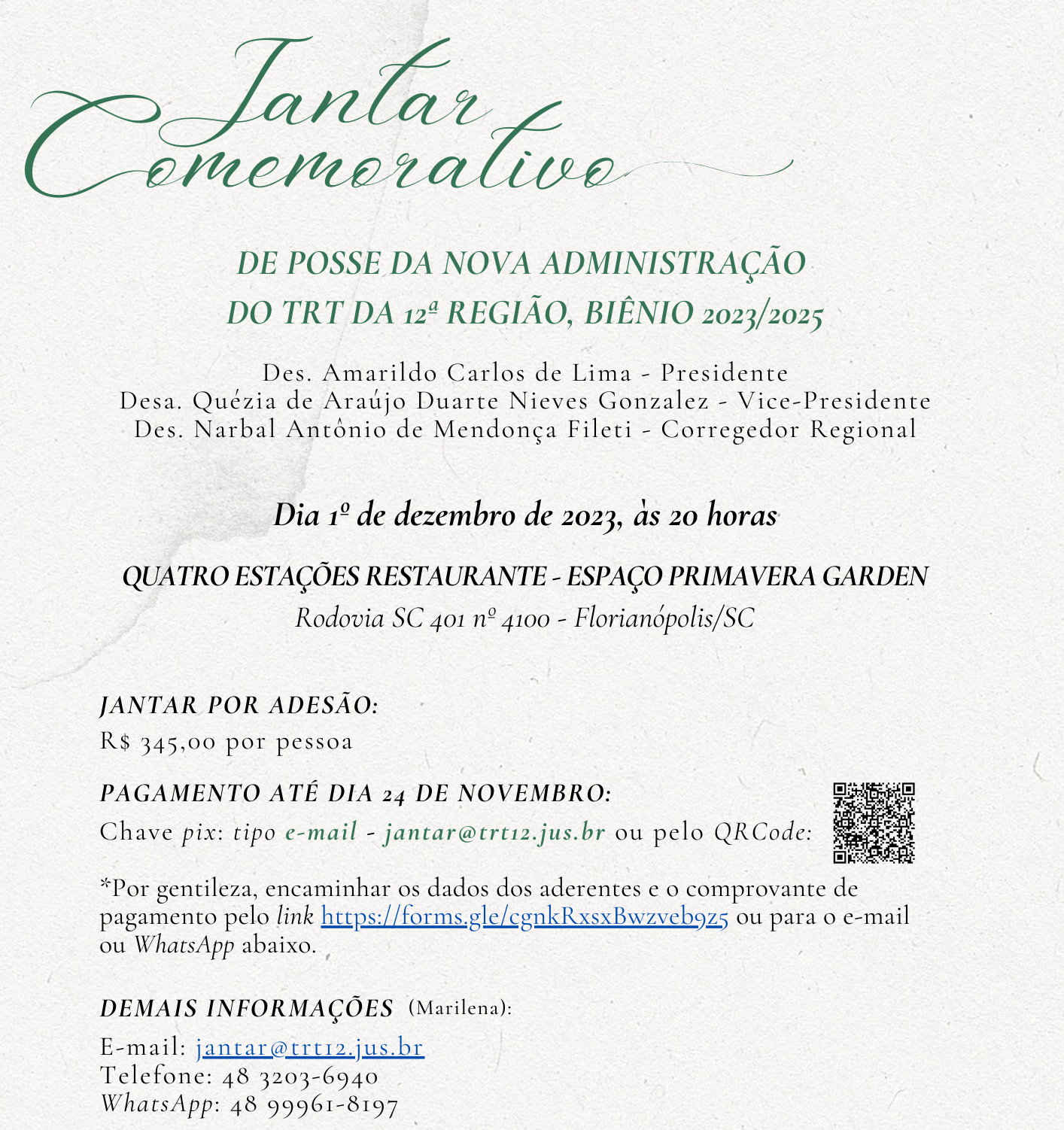 Informações sobre o jantar