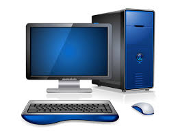 Imagem de um computador azul, preto e branco com CPU, teclado e mouse.