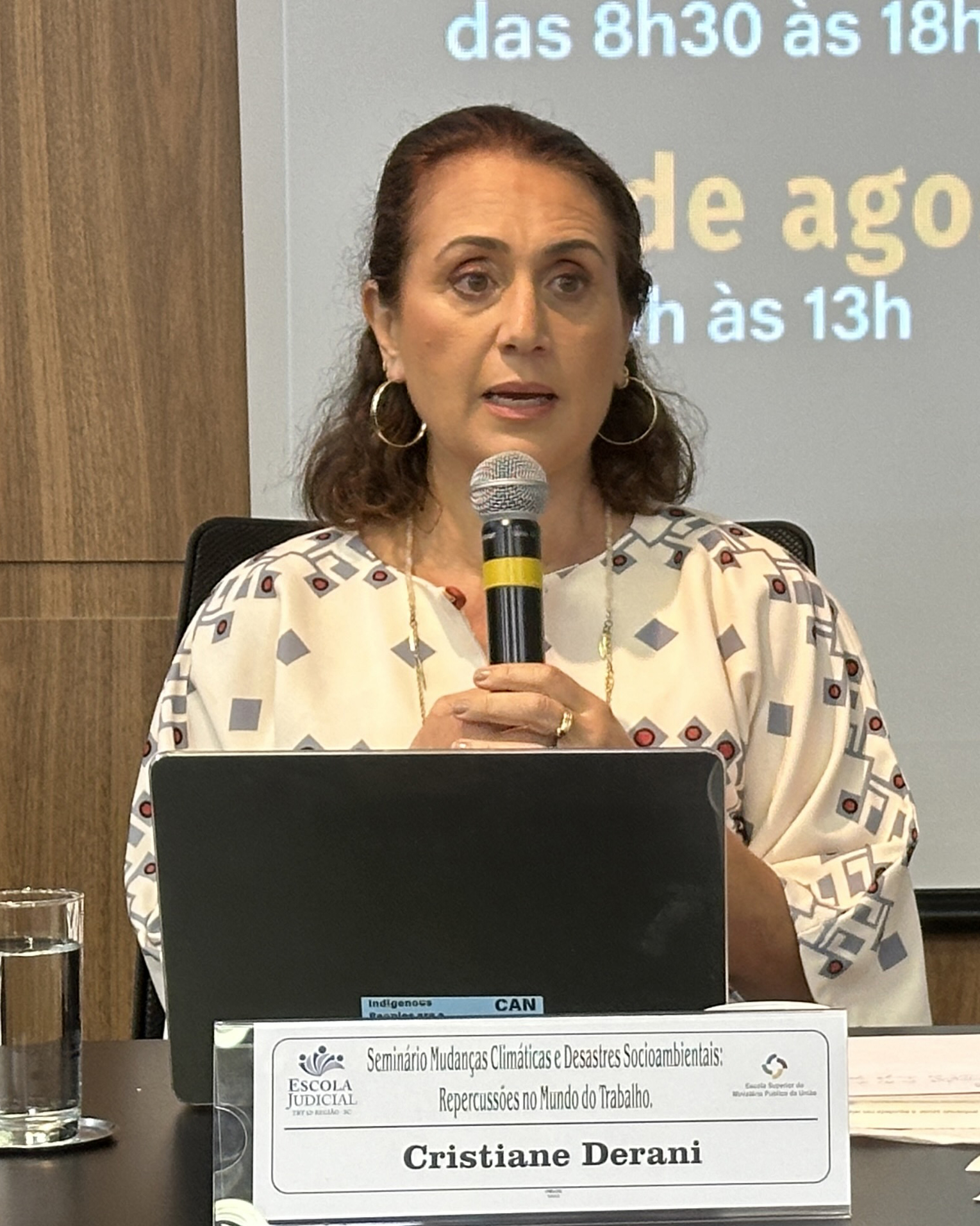 Mulher com cabelos escuros e roupa clara falando ao microfone