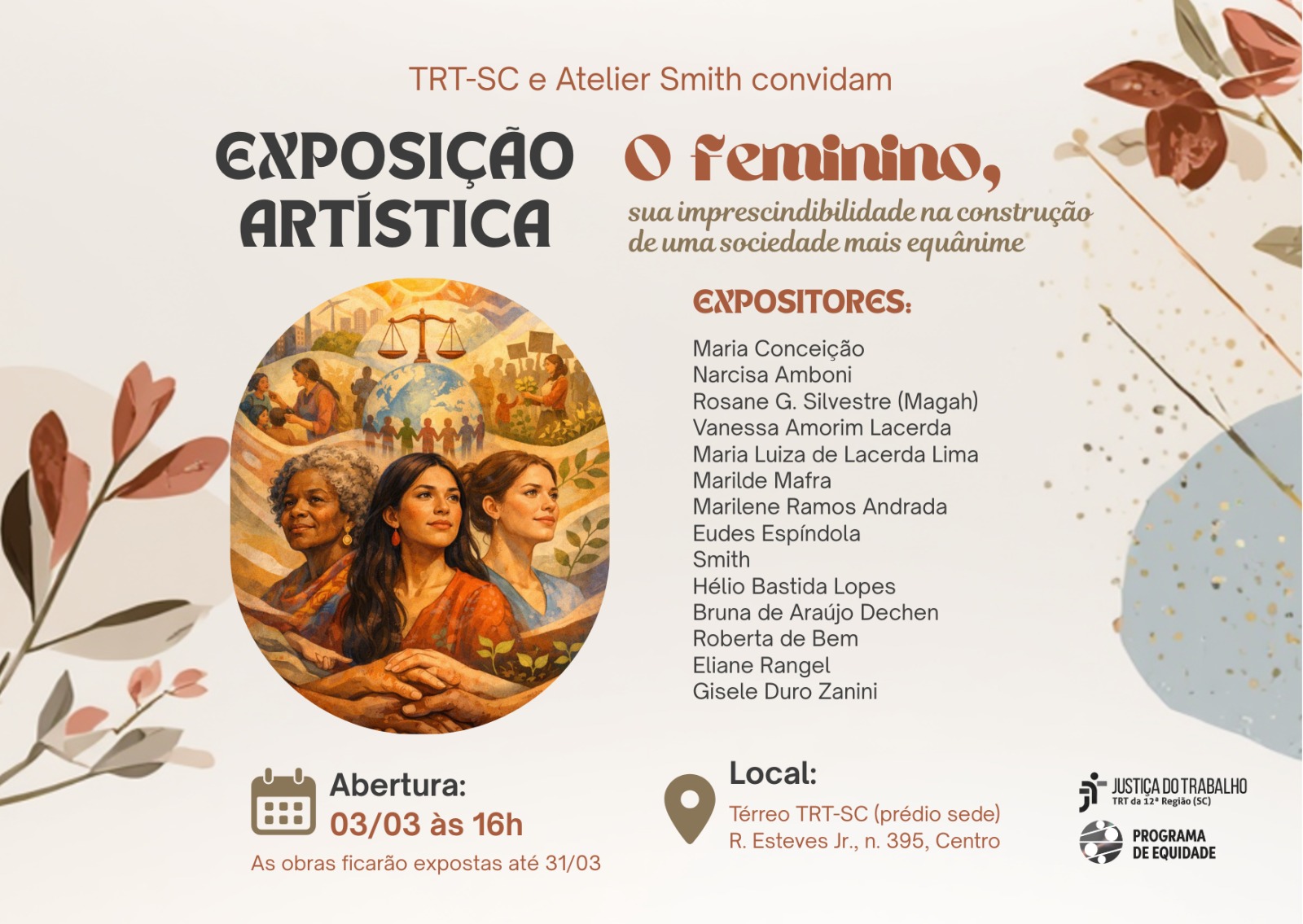 Convite para exposição artística O Ferminino. A arte contempla os nomes dos 15 autores que irão expor suas obras, além de dados já informados na matéria