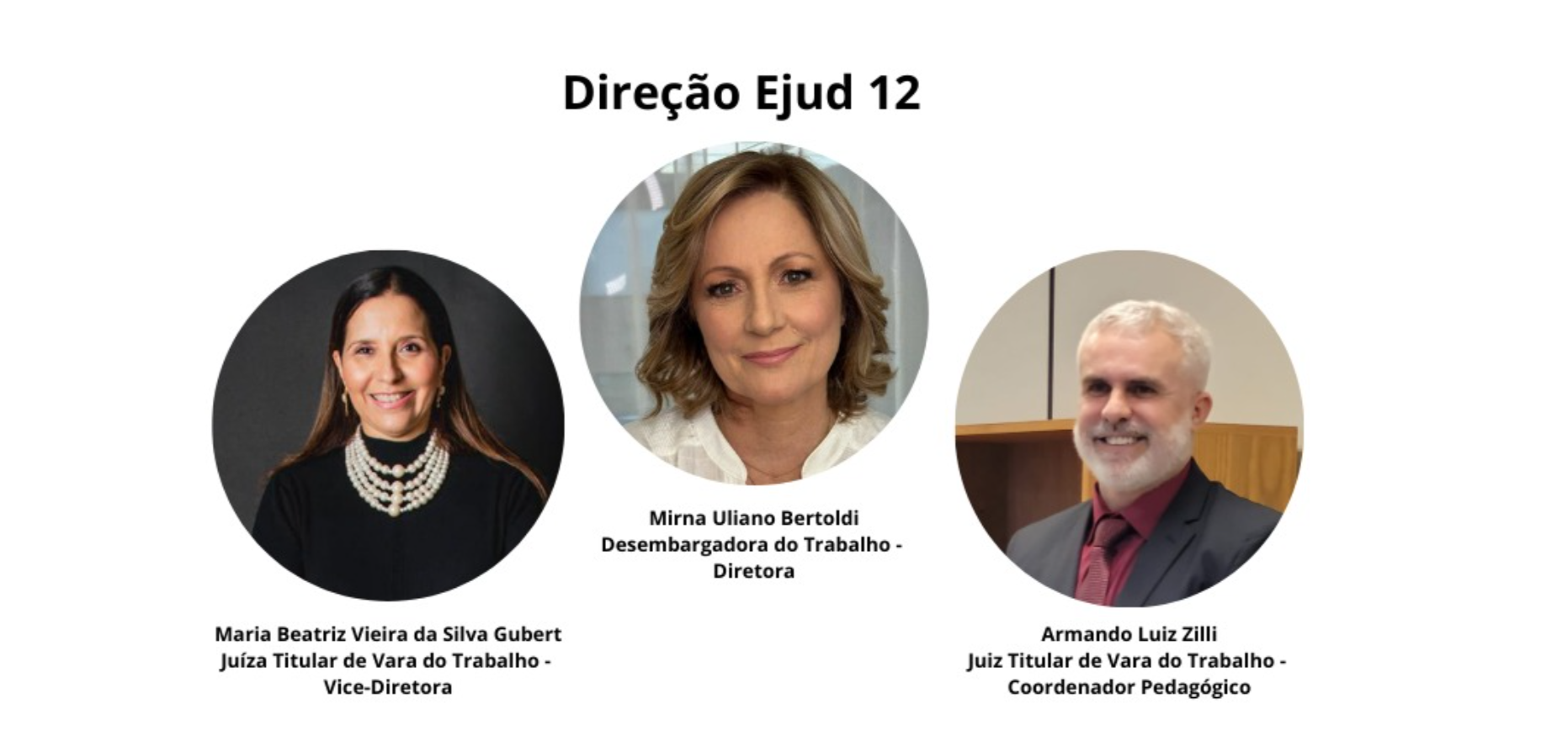 Imagem institucional com o título “Direção Ejud 12”. Abaixo do título, aparecem três fotos em formato circular, dispostas horizontalmente. Ao centro está Mirna Uliano Bertoldi, Desembargadora do Trabalho e Diretora. À esquerda, Maria Beatriz Vieira da Silva Gubert, Juíza Titular de Vara do Trabalho e Vice-Diretora. À direita, Armando Luiz Zilli, Juiz Titular de Vara do Trabalho e Coordenador Pedagógico.