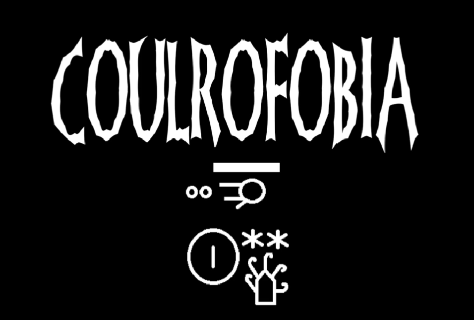 Para todos verem: Texto: "Coulrofobia”. Ilustração: Banner preto em que há alguns símbolos embaixo do texto. 