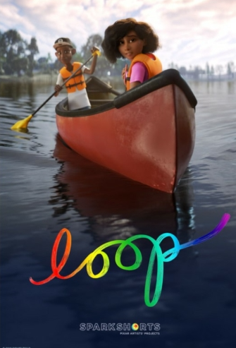 Para todos verem: Texto: "Loop. SparkShorts. Pixar Artists Projects". Ilustração: Banner em que há uma moça e um moço dentro de um barco em um rio.