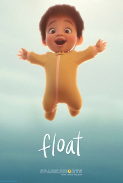 Para todos verem: Texto: "Float. SparkShorts. Pixar Artists Projects". Ilustração: Banner azul em que há um bebê flutuando.