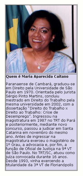 juíza Maria Aparecida Caitano - quadro com informações pessoais