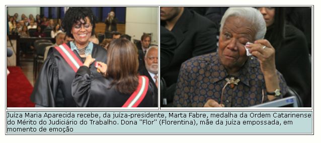 juíza Maria Aparecida Caitano condecorada pela juíza Marta Fabre,  em posse no TRT e sua mãe, Florentina