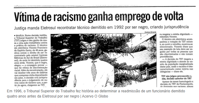 Imagem de recorte da matéria publicada no jornal O Globo. Vítima de racismo ganha emprego de volta
