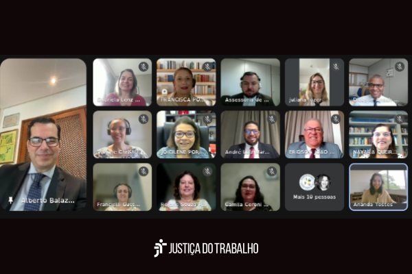 Imagem de um monitor mostrando 16 pessoas em uma videoconferência. 