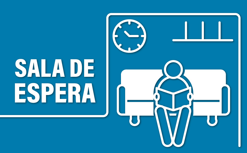 imagem de uma pessoa sentada em um sofa, lendo um jornal e ao fundo um relogio na parede. texto: sala de espera