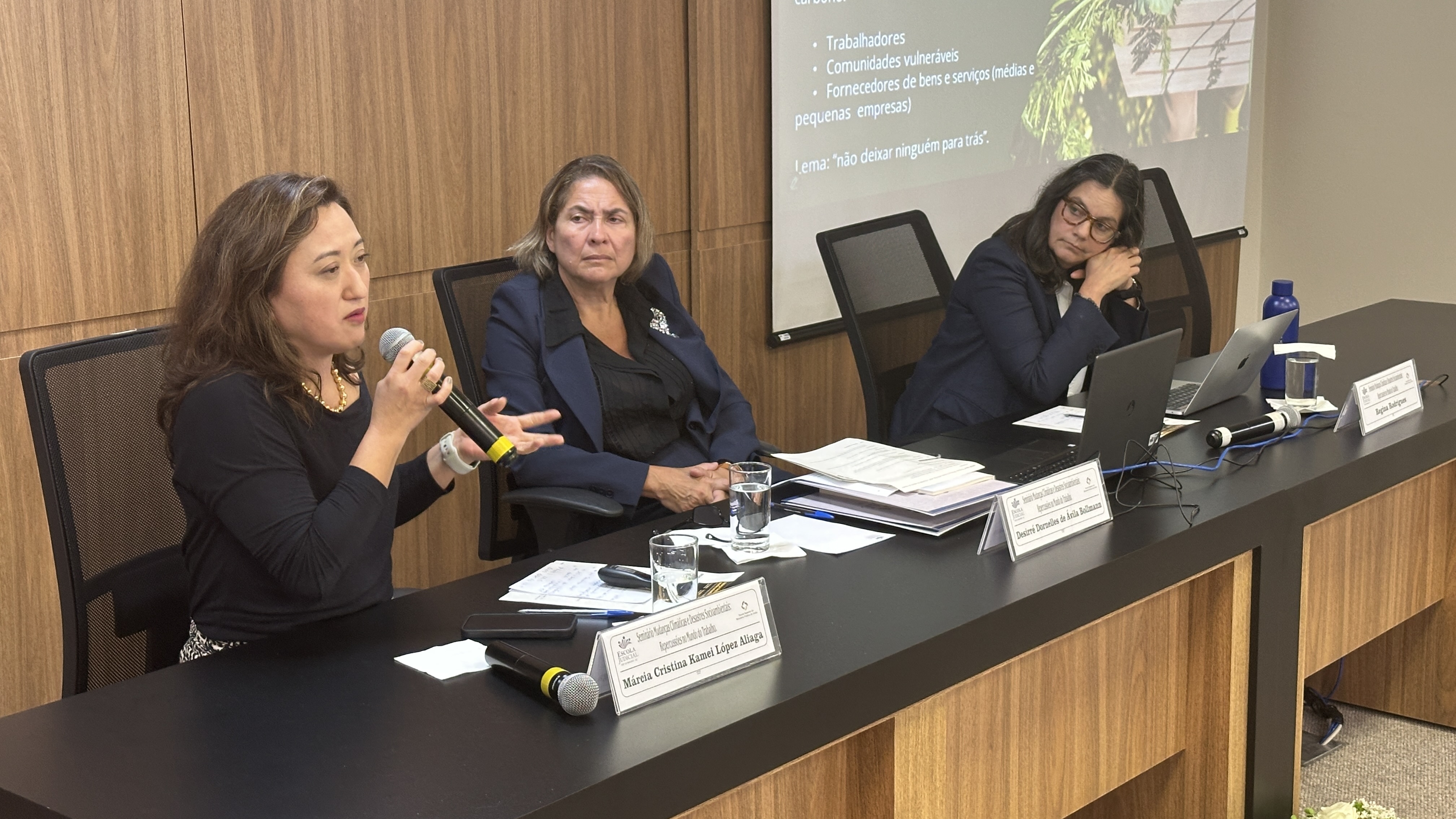 Três mulheres sentadas à mesa de um auditório. A mulher da esquerda fala ao microfone