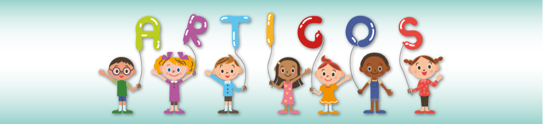 Ilustração de sete crianças posicionadas lado a lado segurando balões coloridos no formato de letras formando a palavra artigos.