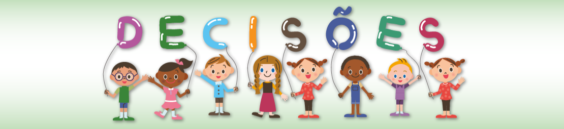 Ilustração de oito crianças posicionadas lado a lado segurando balões coloridos no formato de letras formando a palavra decisões.