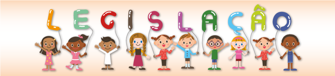 Ilustração com dez crianças posicionadas lado a lado segurando balões coloridos no formato de letras formando a palavra legislação.