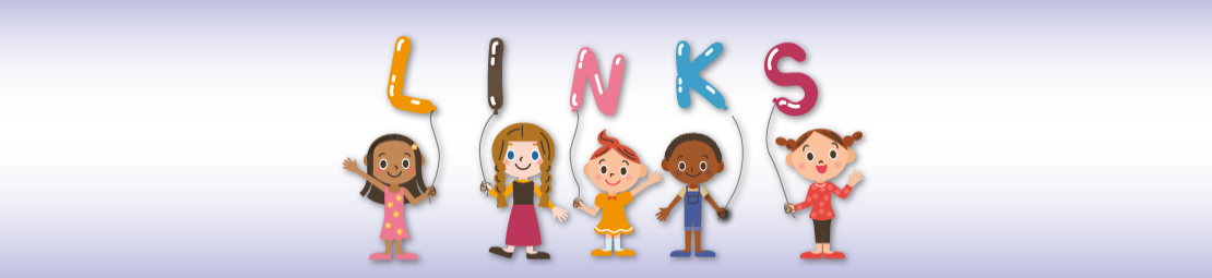 Ilustração de cinco crianças posicionadas lado a lado segurando balões coloridos no formato de letras formando a palavra links.