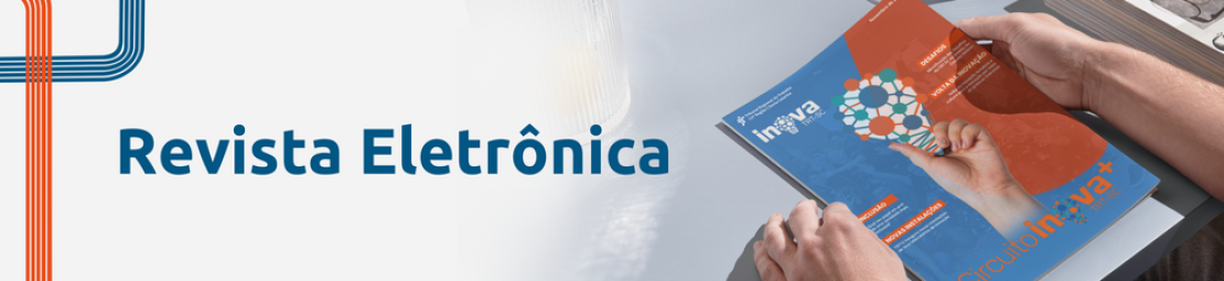 Mãos segurando a revista do circuito inova com a frase Revista Eletrônica ao lado 