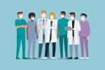 Ilustração de uma equipe médica, com todos usando máscaras cirúrgicas