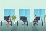 Ilustração de um escritório, em tons azulados, mostrando três postos de trabalho, sendo o do meio vazio